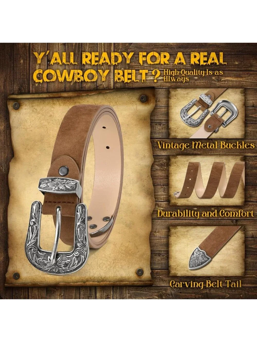 Women's Brown(suede) Leather Waist Belt Vintage Western Design Silver Buckle